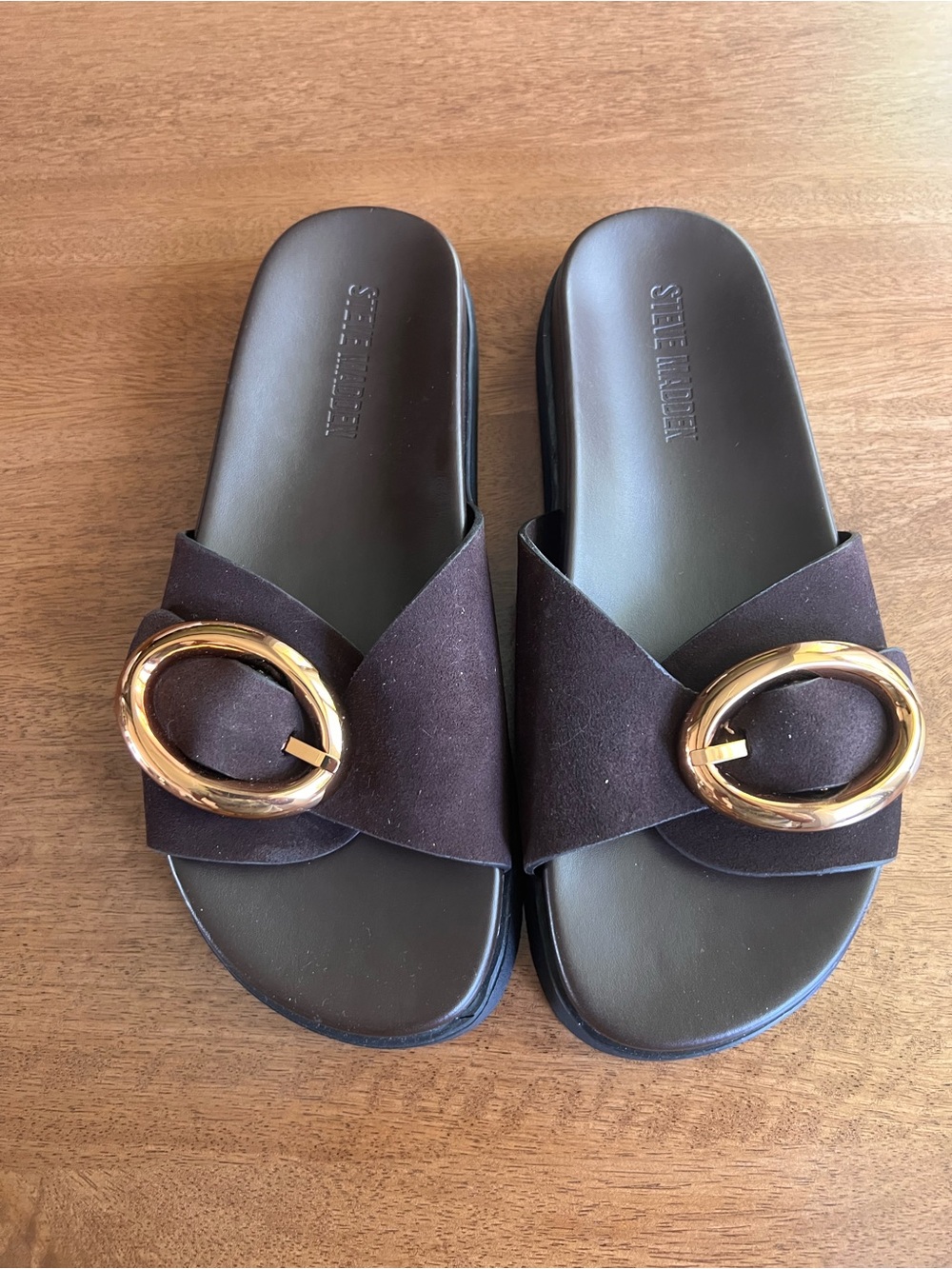 Steve Madden Buckle Sandal Dark Brown Suede Slide Sandals with Gold Buckles